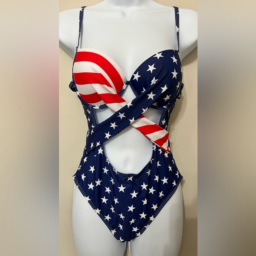 American Flag Stars Stripes Push Up Swimsuit - Picture 3 of 13